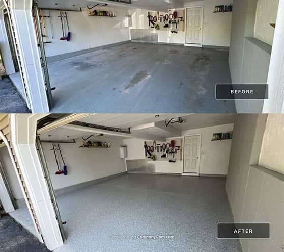 before and after collage of two car garage flooring