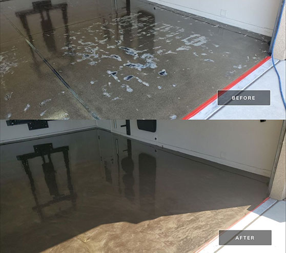 before and after shot of garage with and without epoxy floor coating