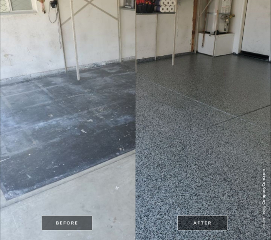 before and after view of new garage floor