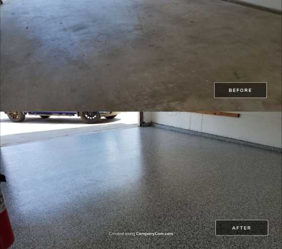 before and after epoxy flake flooring installation in garage