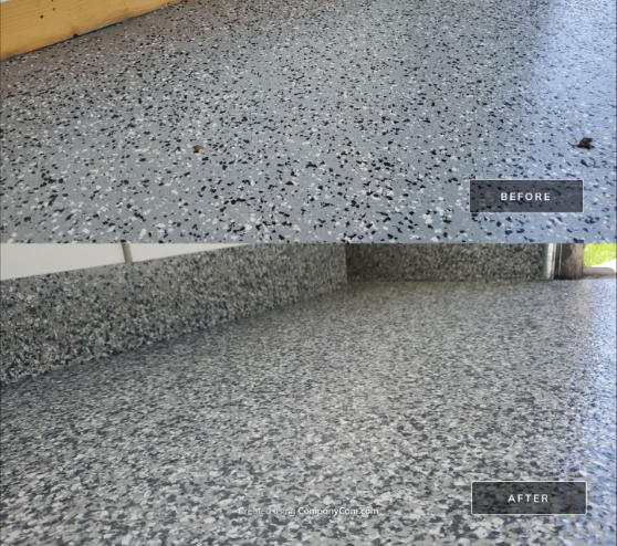 before and after of epoxy flake flooring in Clovis, CA