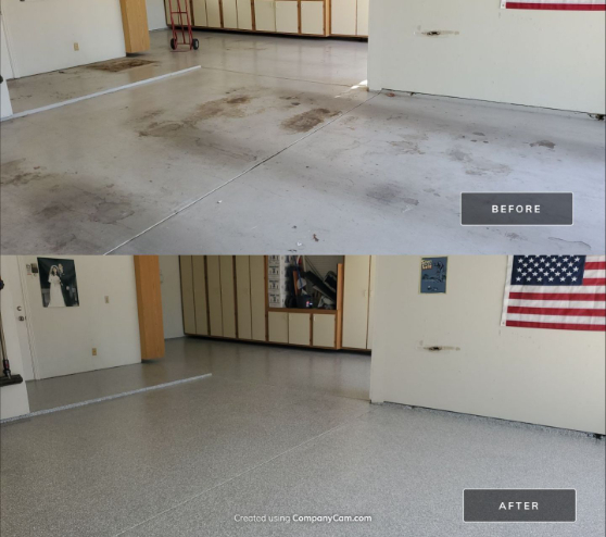before and after of epoxy flooring project in Fresno, CA