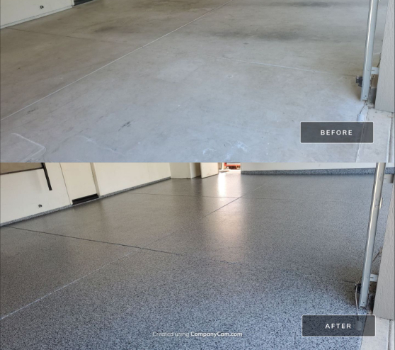 before and after of epoxy garage in Clovis, FL