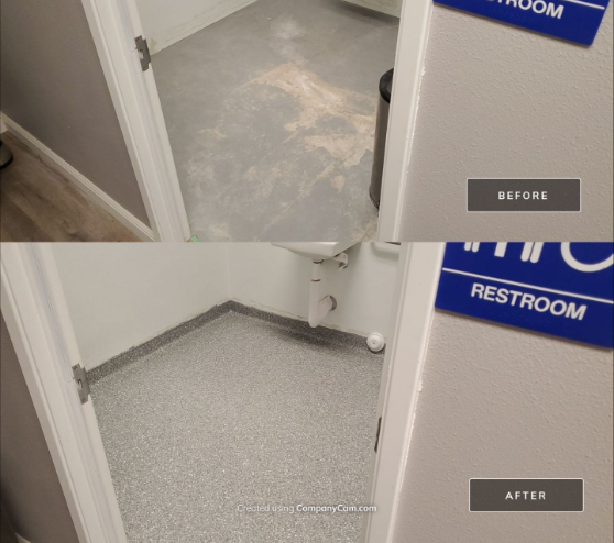 before and after view of epoxy flooring in a bathroom