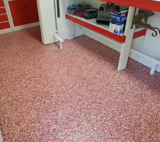 red epoxy flake flooring in Fresno, CA