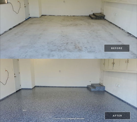 before and after view of epoxy flooring project in Fresno, CA