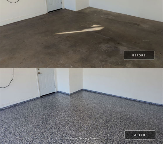 before and after view of garage floor project in Fresno, CA
