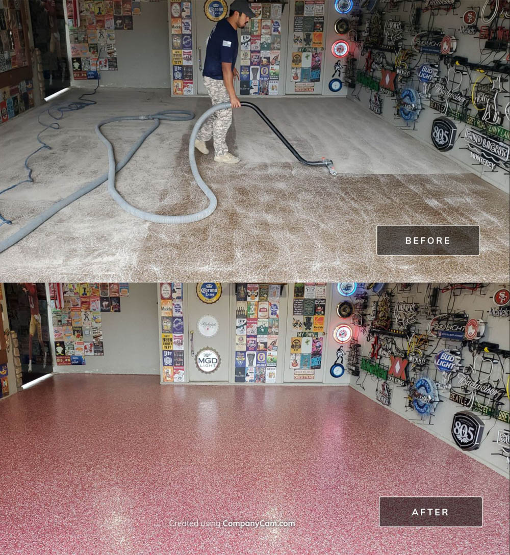 before and after view of garage floor epoxy project in fresno, ca