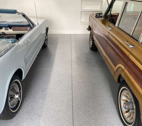 two cars on new epoxy flake flooring