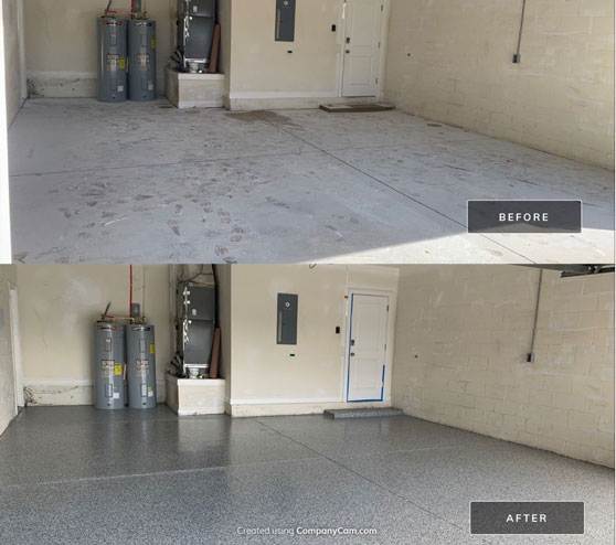 before and after view of epoxy flooring project in Clermont, FL