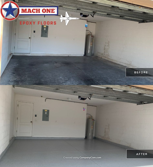 before and after view of epoxy floor project in Orlando, FL
