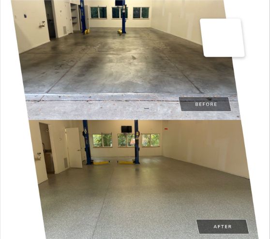 Before and after view of Epoxy Flake Flooring project in Dallas