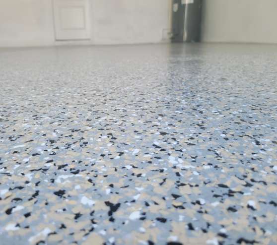 newly installed epoxy flake floors