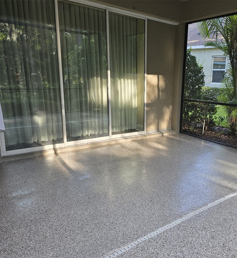 out door patio with epoxy flake flooring