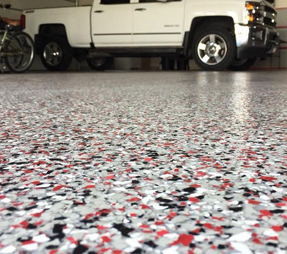 red flake epoxy floor in garage close-up