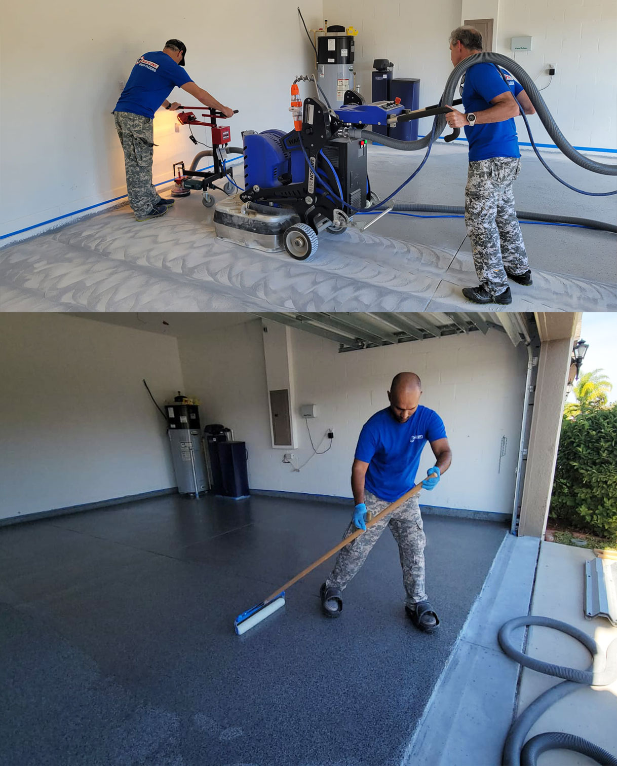 mach one team smoothing and pouring epoxy floor in garage