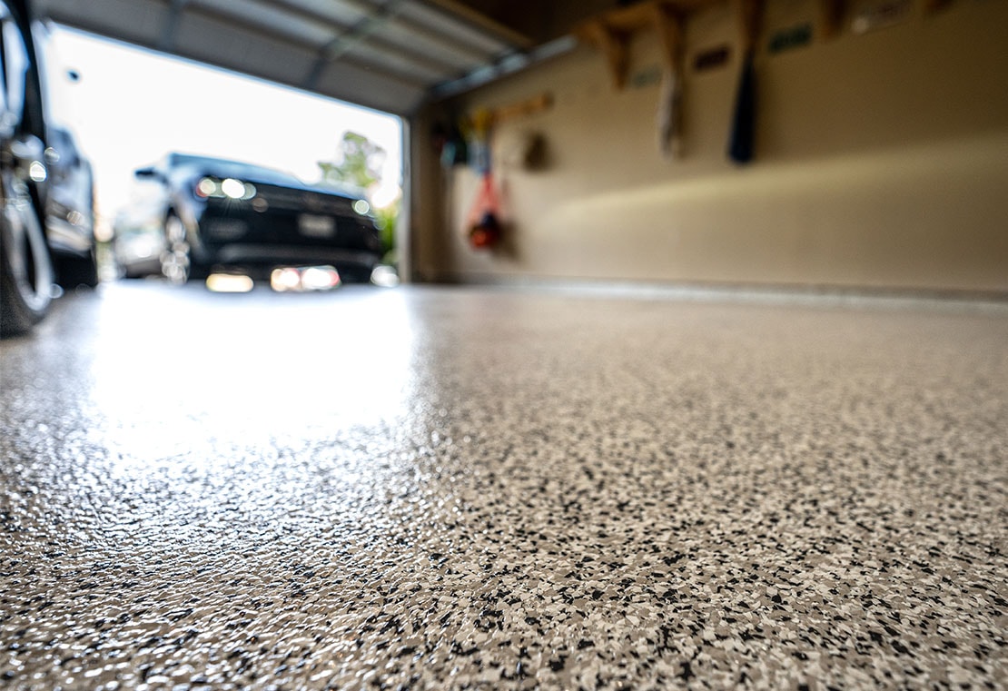 close-up of decorative epoxy flooring in garage